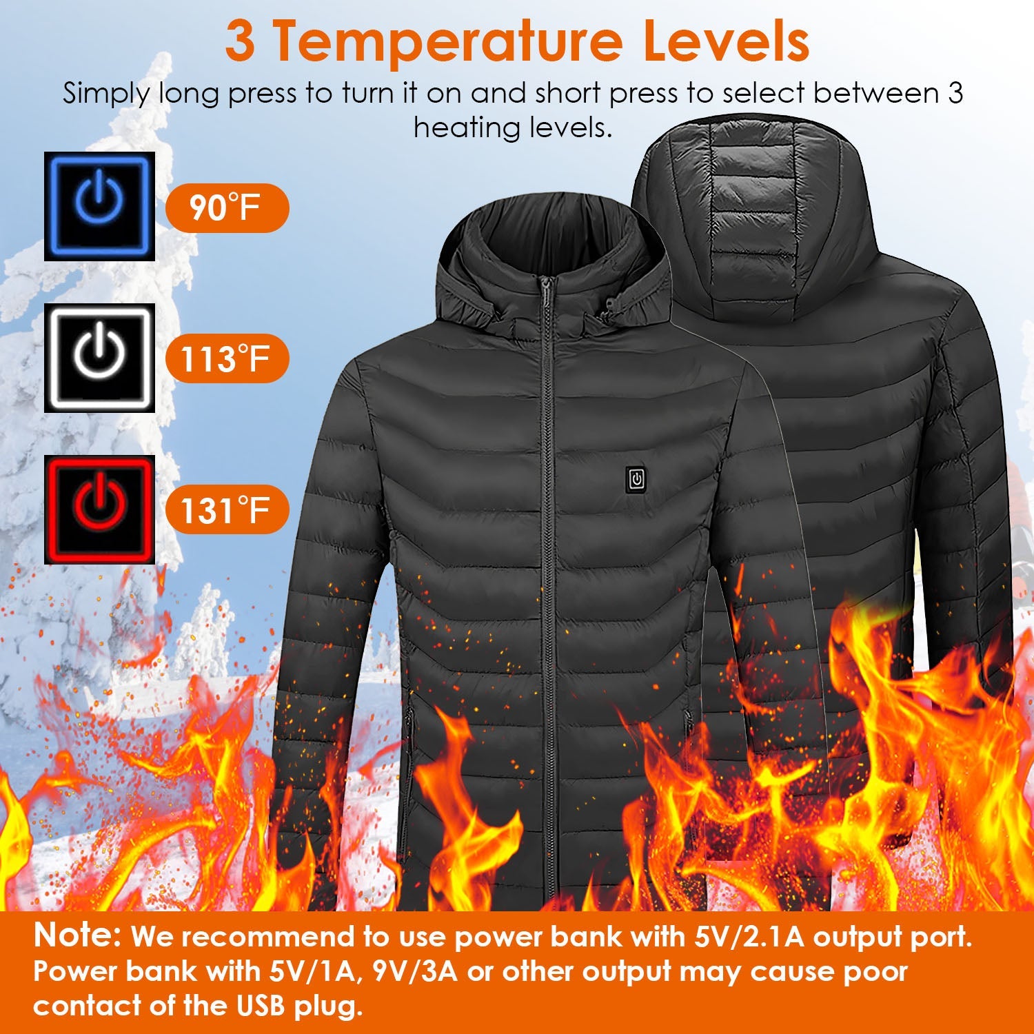 Heated Jacket Electric Heating Coat Lightweight Winter Hooded JacketÊwith 3-Level Heating Modes 8 Heating Zones Detachable Zipper Hood