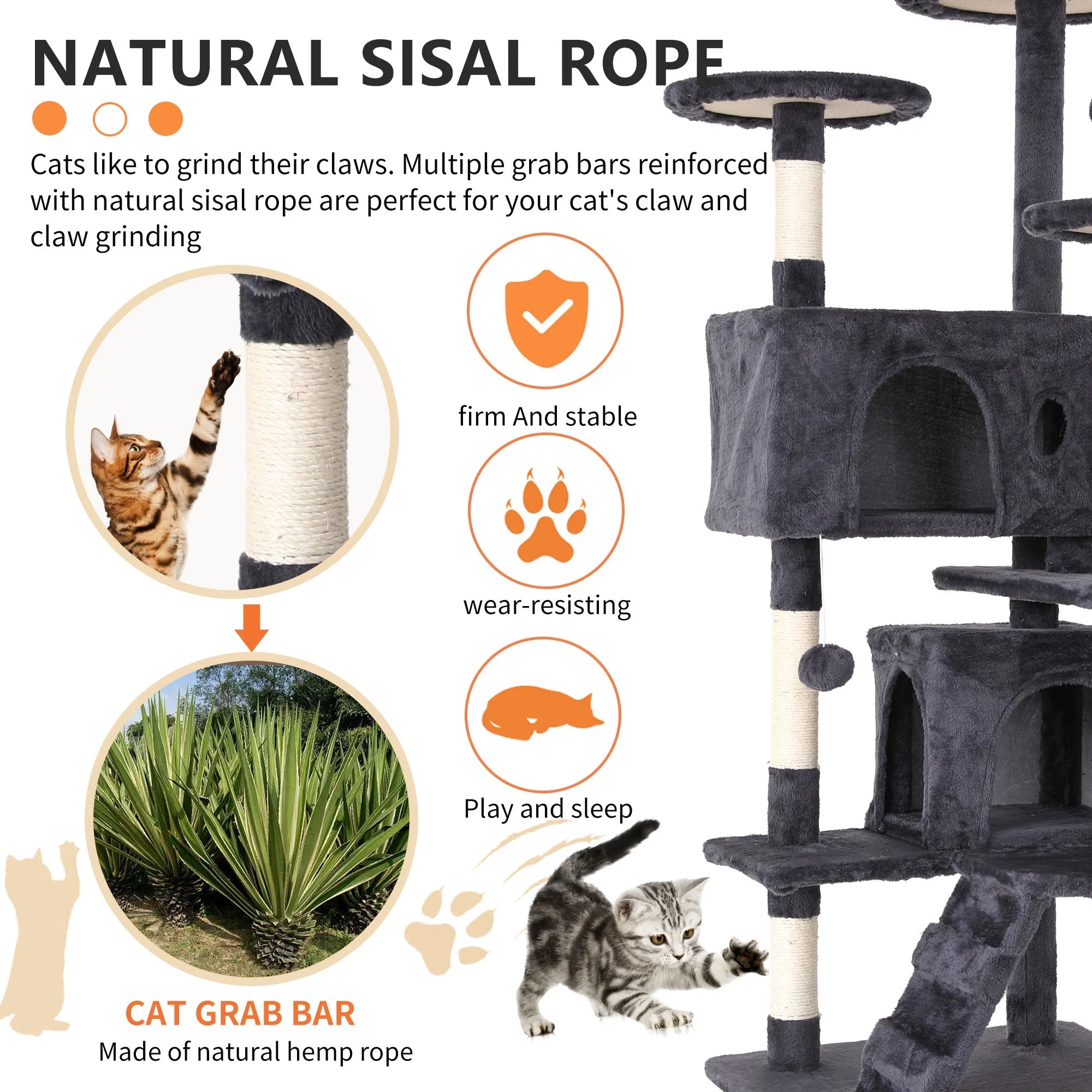 Ultimate 54-Inch Double Condo Cat Tree Tower with Scratching Post & Cozy Perch for Indoor Cats - Stylish Ashy Design