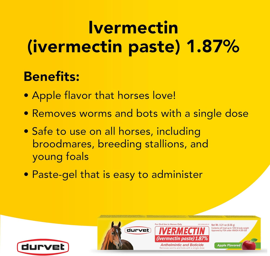 Durvet Ivermectin Horse Wormer Apple Flavor Broad Spectrum Equine Dewormer 4PCK