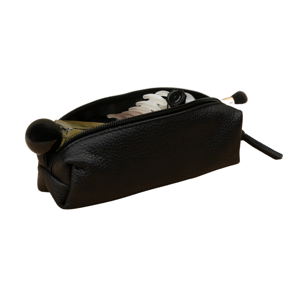 Elegant Leather Makeup Bag - Black - Aurora