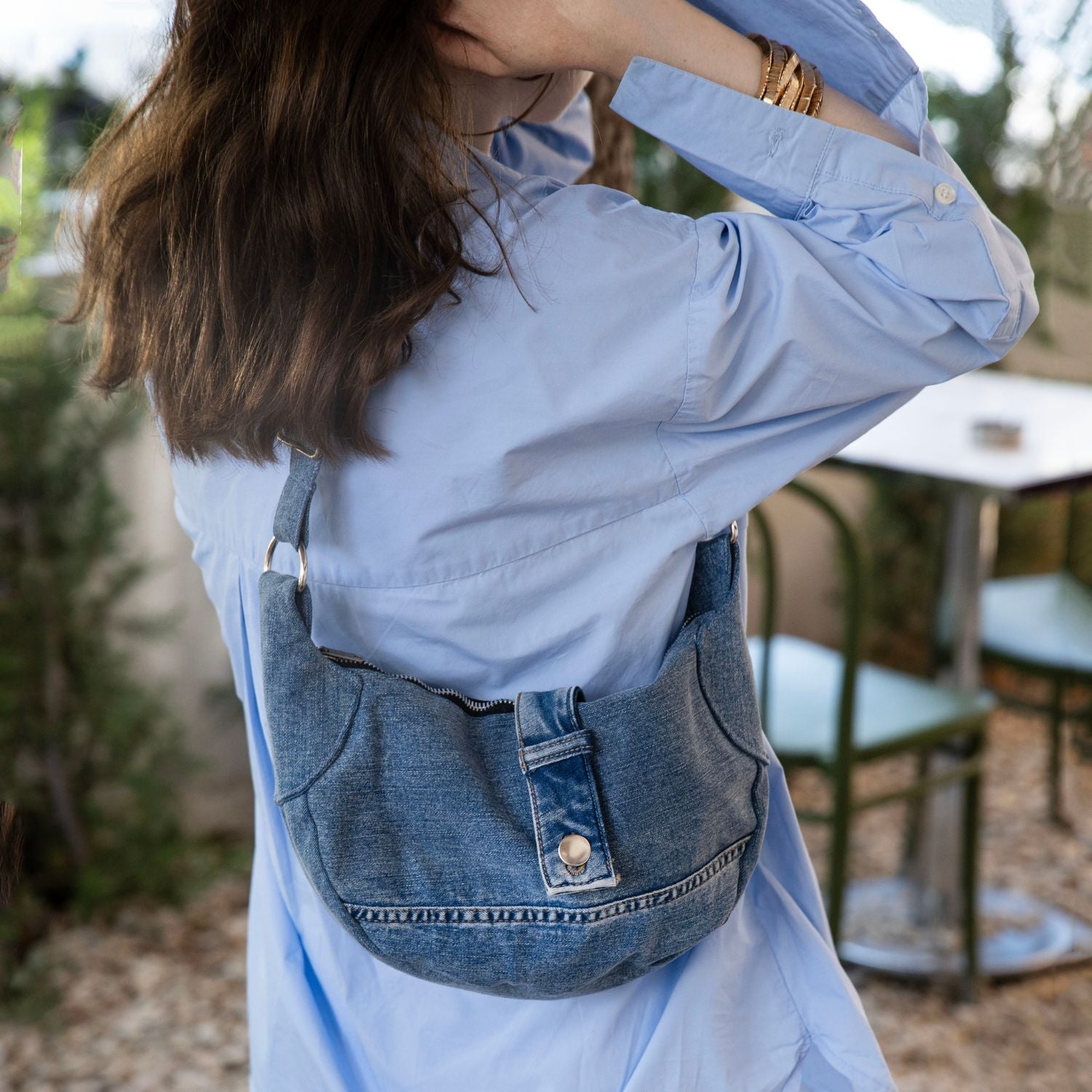 Brooklyn Crescent / Upcycled Denim Crossbody Light Blue