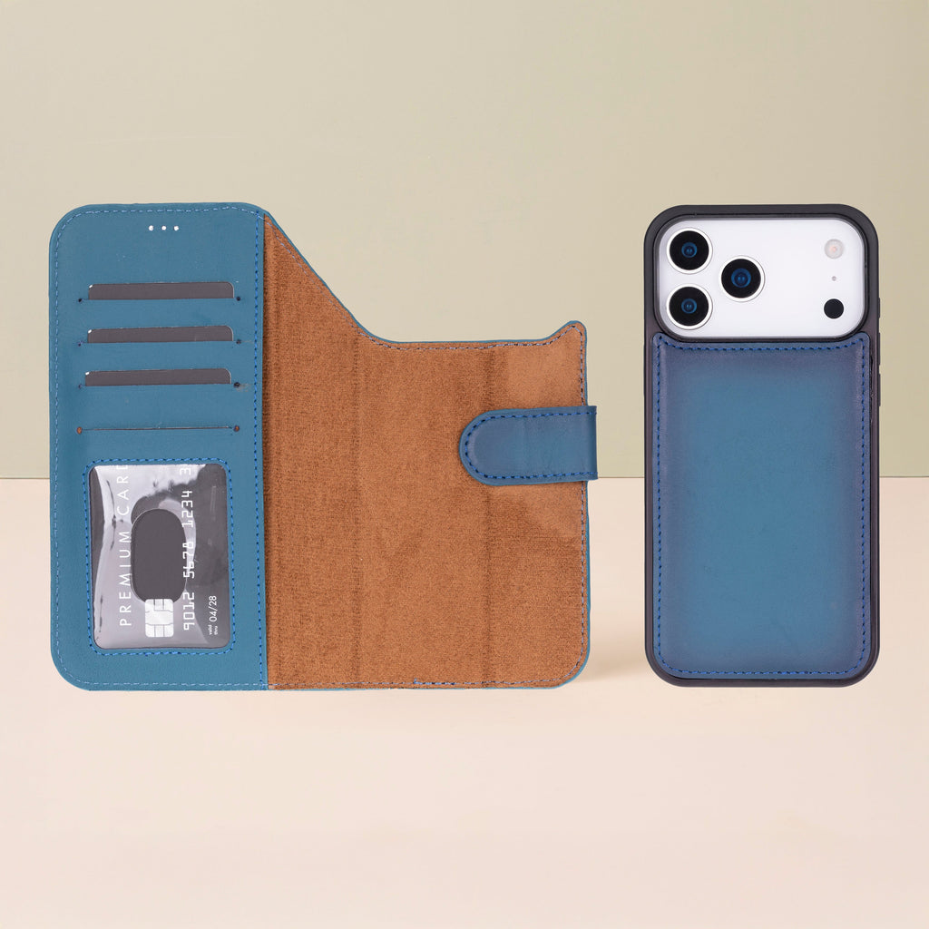 Leather iPhone 17 Pro Wallet Case – Blue - Austin