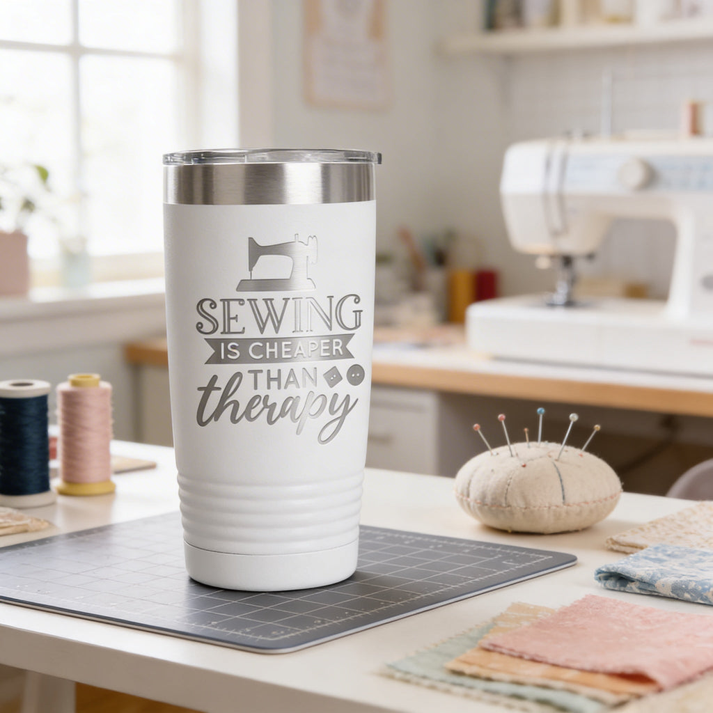 Personalized Sewing Tumbler 20 oz stainless steel insulated drinkware for crafters, hot or cold beverage travel mug, gift for sewists