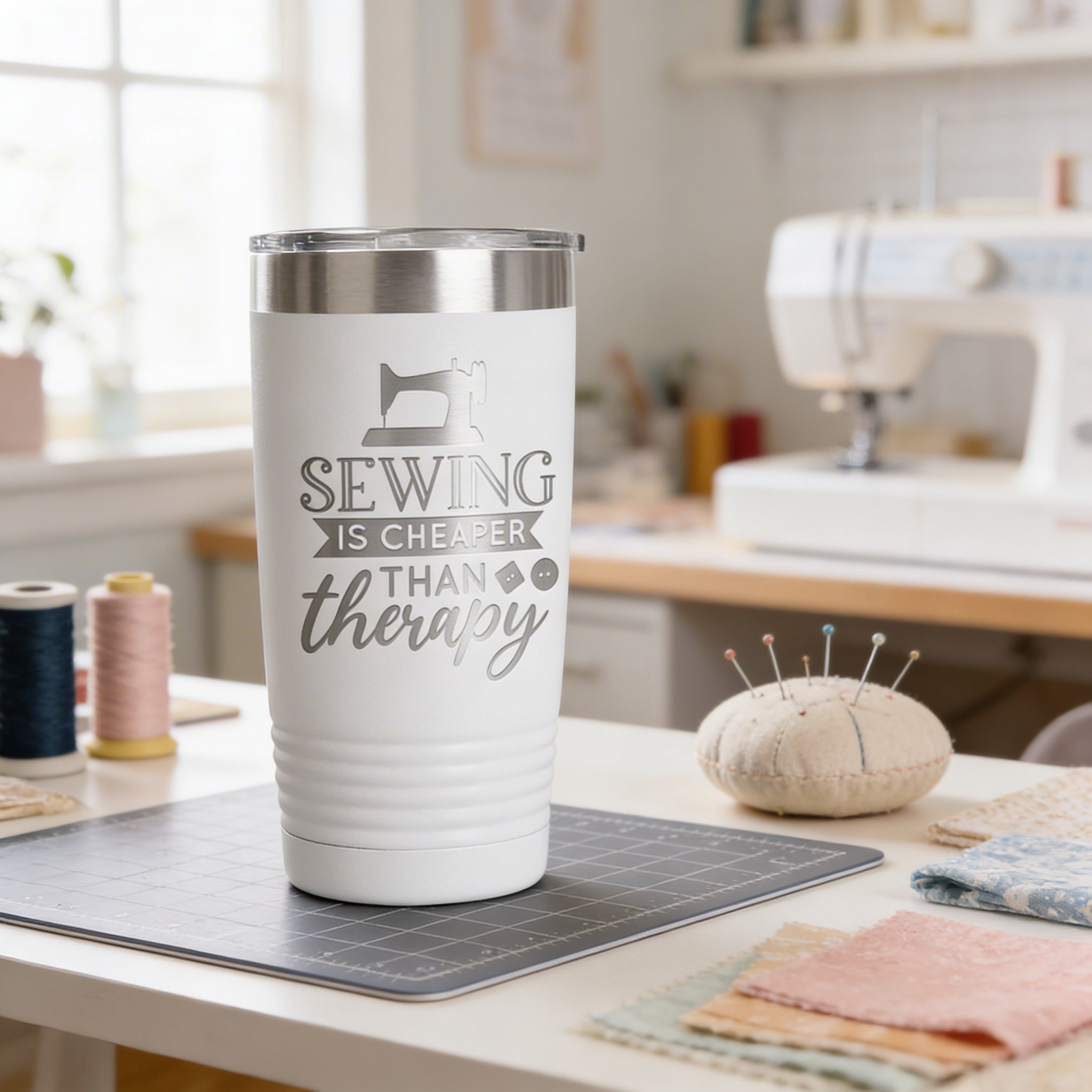 Personalized Sewing Tumbler 20 oz stainless steel insulated drinkware for crafters, hot or cold beverage travel mug, gift for sewists
