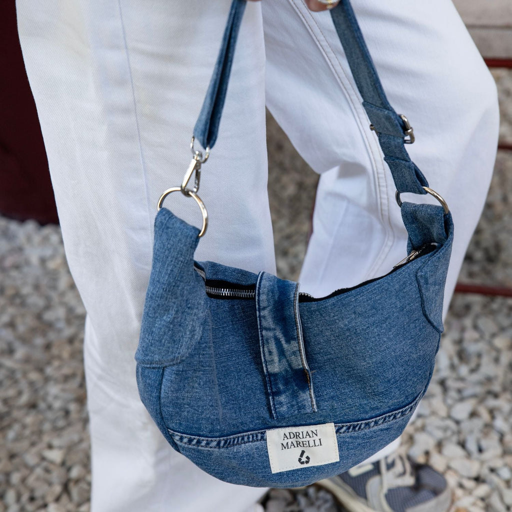 Brooklyn Crescent / Upcycled Denim Crossbody Light Blue