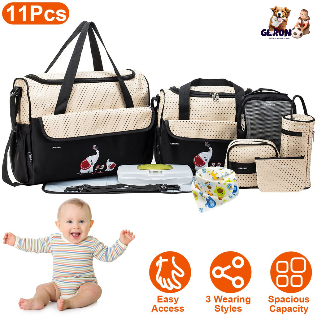 11Pcs Baby Nappy Diaper Bags Set for Mom Dad Mummy Shoulder Bags Multifunctional Diaper Handbags with Food Bag Bottle Bag Diaper Pad Burp Cloth 2 Hook