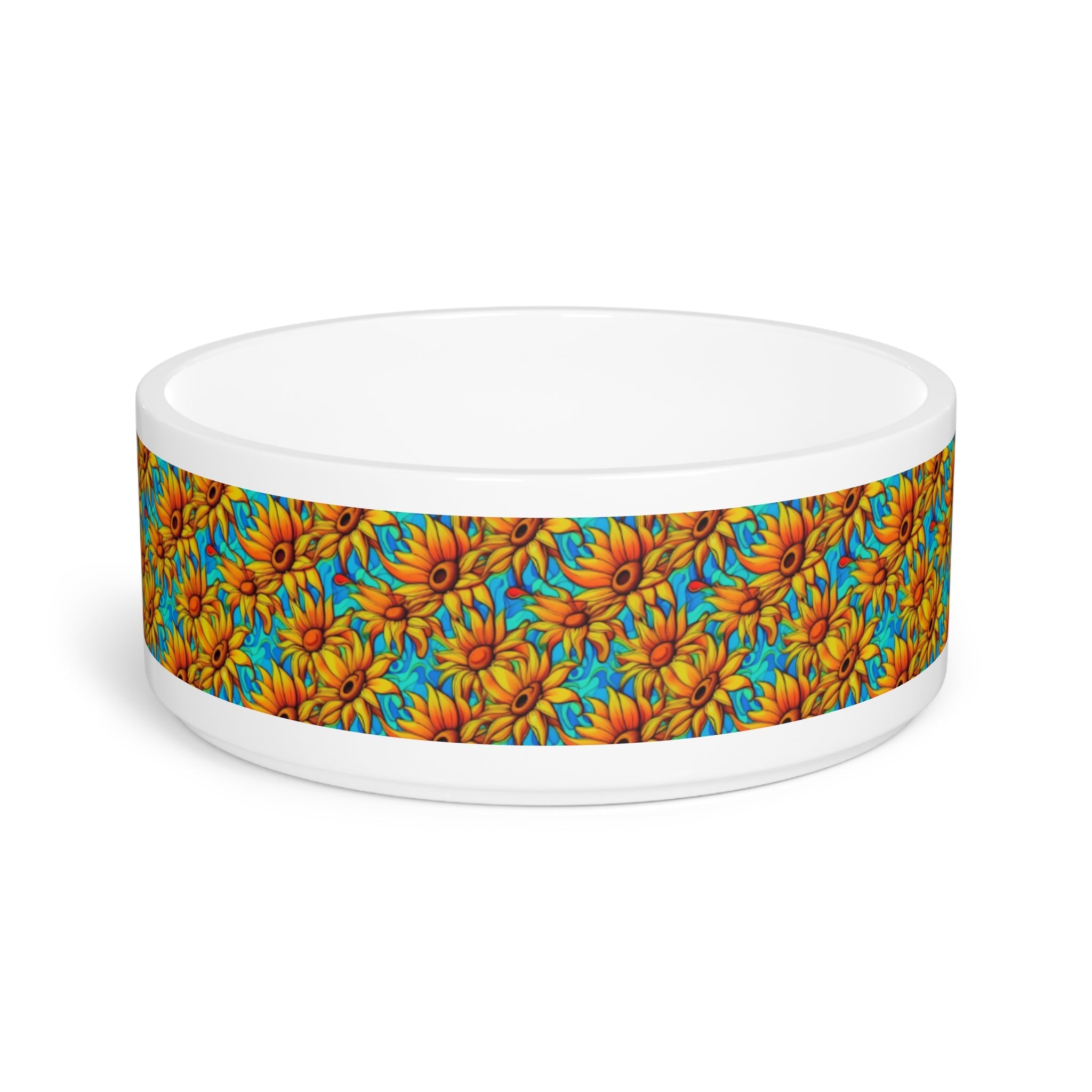 Sunflower Kaleidoscope on Turquoise Waves - Pet Bowl