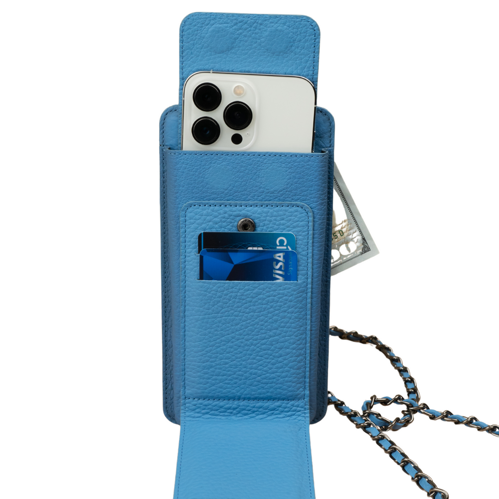 Leather Blue Crossbody Bag Phone Wallet - Columbus