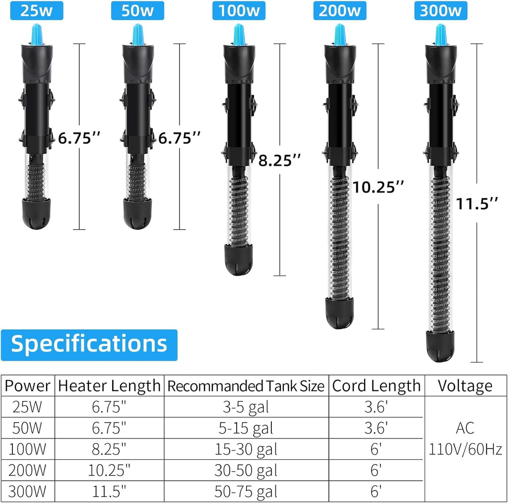 Aquarium Heater 25W-300W Adjustable Submersible Thermometer
