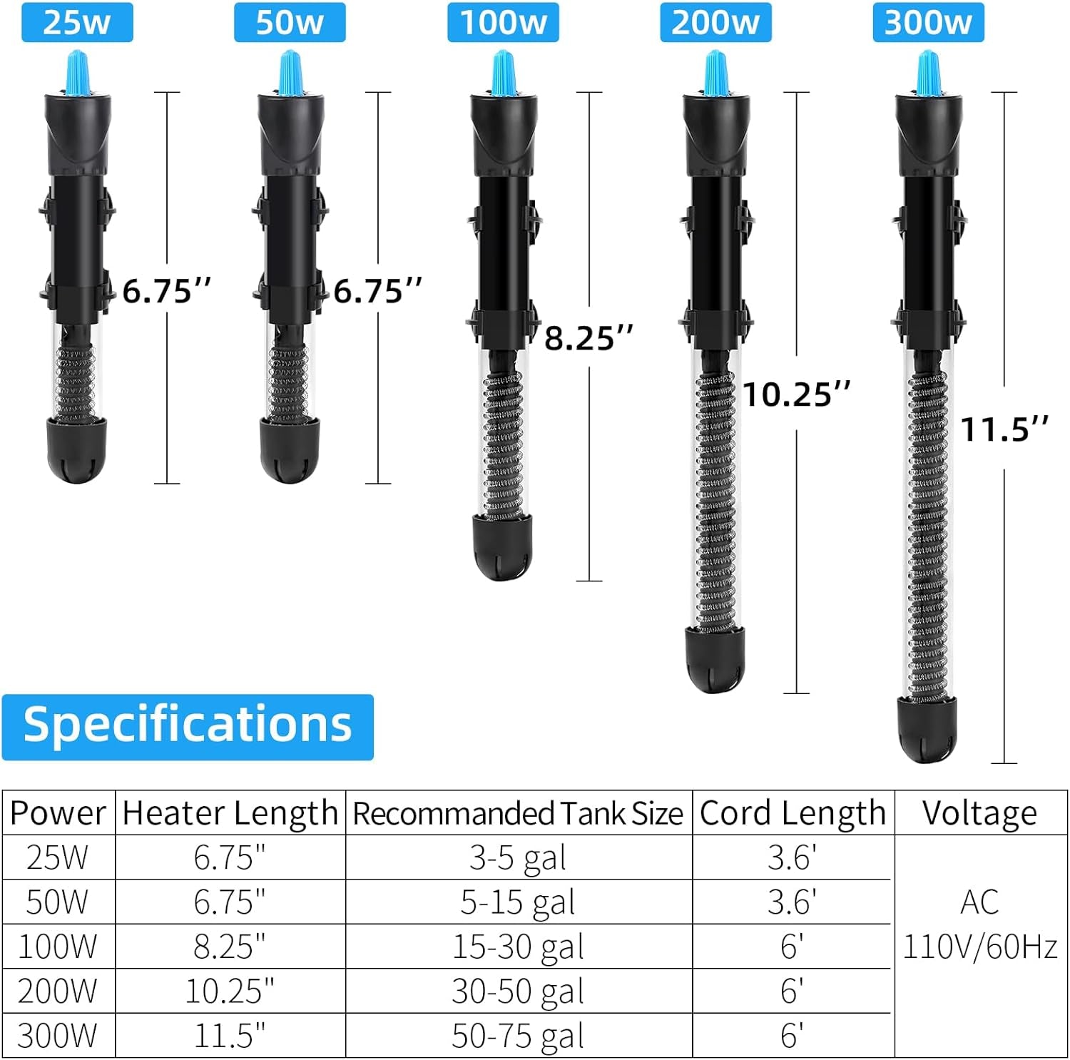 Aquarium Heater 25W-300W Adjustable Submersible Thermometer