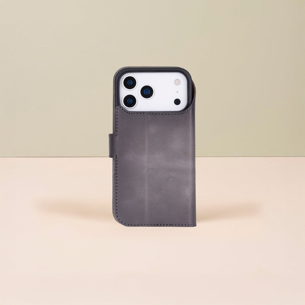 Leather iPhone 17 Pro Max Wallet Case – Gray - Austin