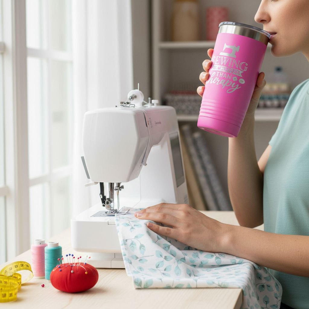Personalized Sewing Tumbler 20 oz stainless steel insulated drinkware for crafters, hot or cold beverage travel mug, gift for sewists