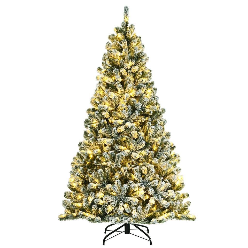6 Feet Pre-lit Snow Flocked Hinged Christmas Tree with 928 Tips and Metal Stand