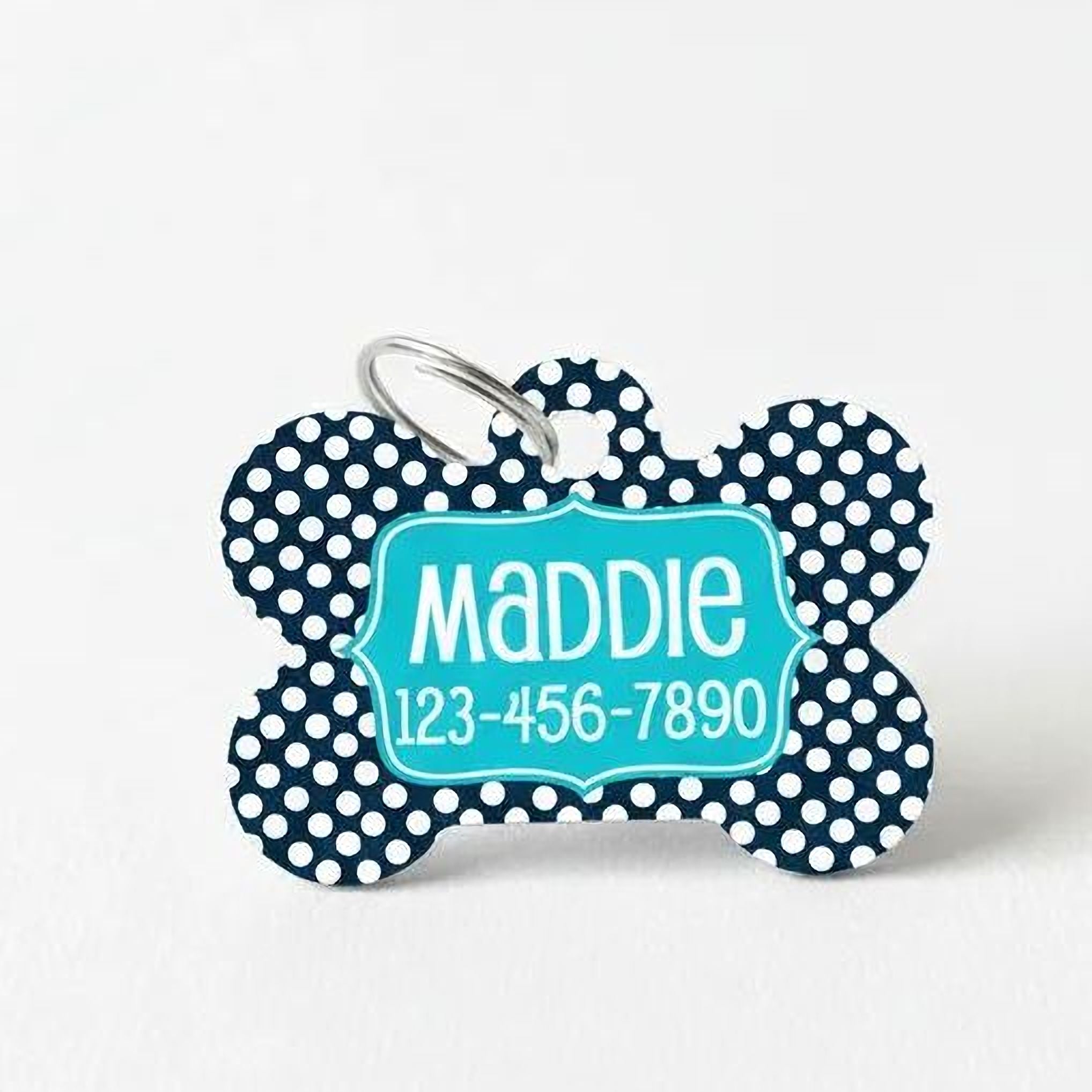 Personalized Pet Id Tag - Custom Dog Tag - Navy Turquoise Big Dots