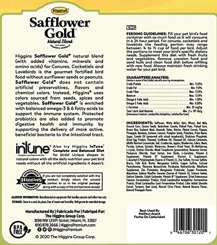 Higgins Safflower Gold Conure Cockatiel Lovebird Food 3lb No Sunflower Peanuts