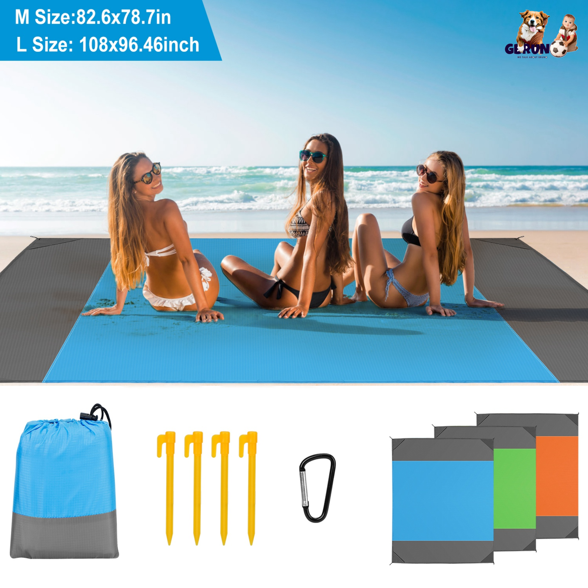 108x96.46in Sand Proof Picnic Blanket Water Resistant Foldable Camping Beach Mat w/ 4 Anchors 1 Carry Bag For 4-6 People