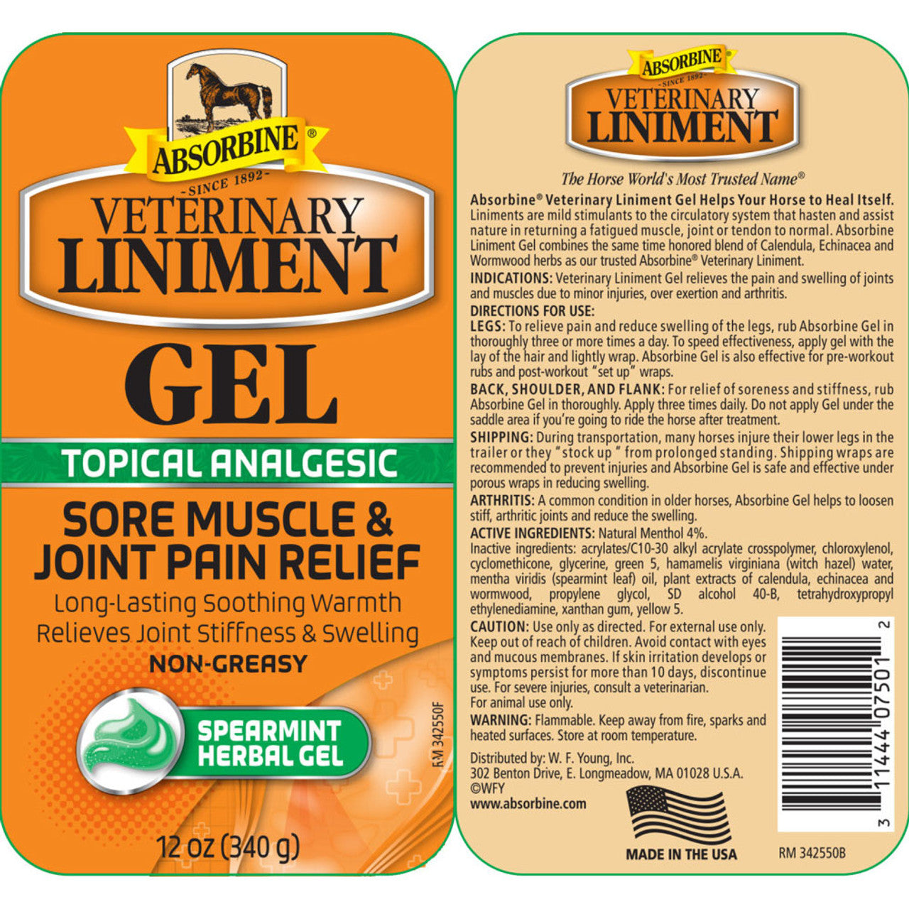 Absorbine Liniment Gel for Horses Soothes Muscles & Joints After Training 12 oz. 2-Pack