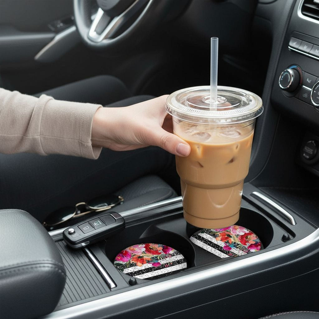 Floral Car Coaster - Black White Stripe Sandstone Moisture Absorbing Coaster