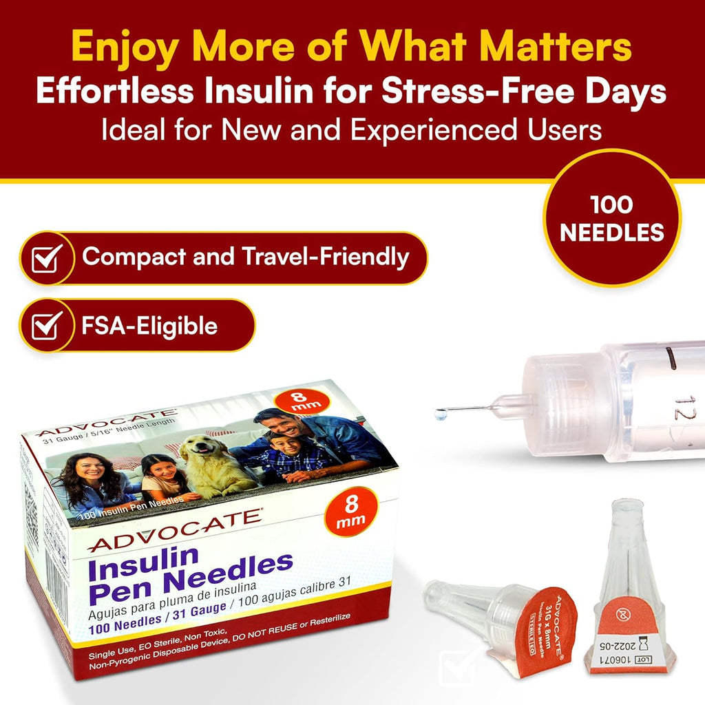 Advocate Insulin Pen Needles 8mm 31 Gauge Box of 100 Needles