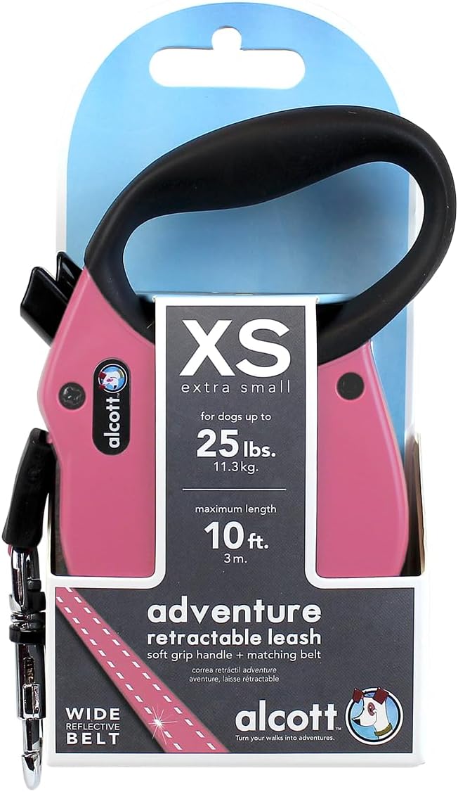 Alcott Adventure Retractable Reflective Belt Leash for Dogs, 10' Long, XS Pink