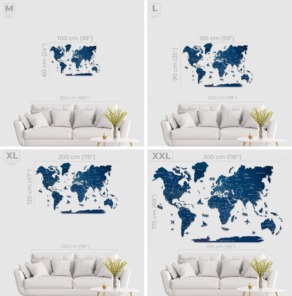 Wooden World Map Navy Blue