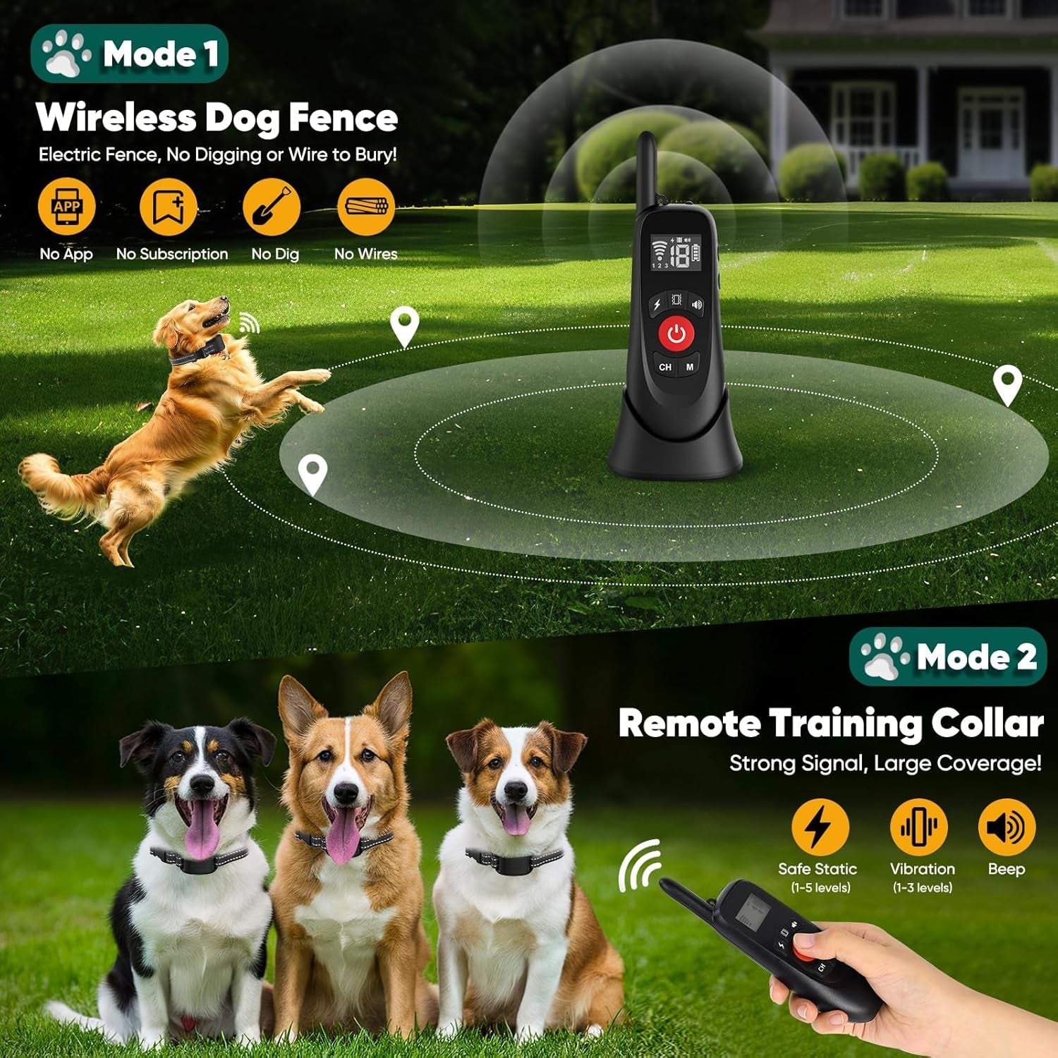 Wireless Dog Fence Collar Electric Training Remote Waterproof 1640ft Range