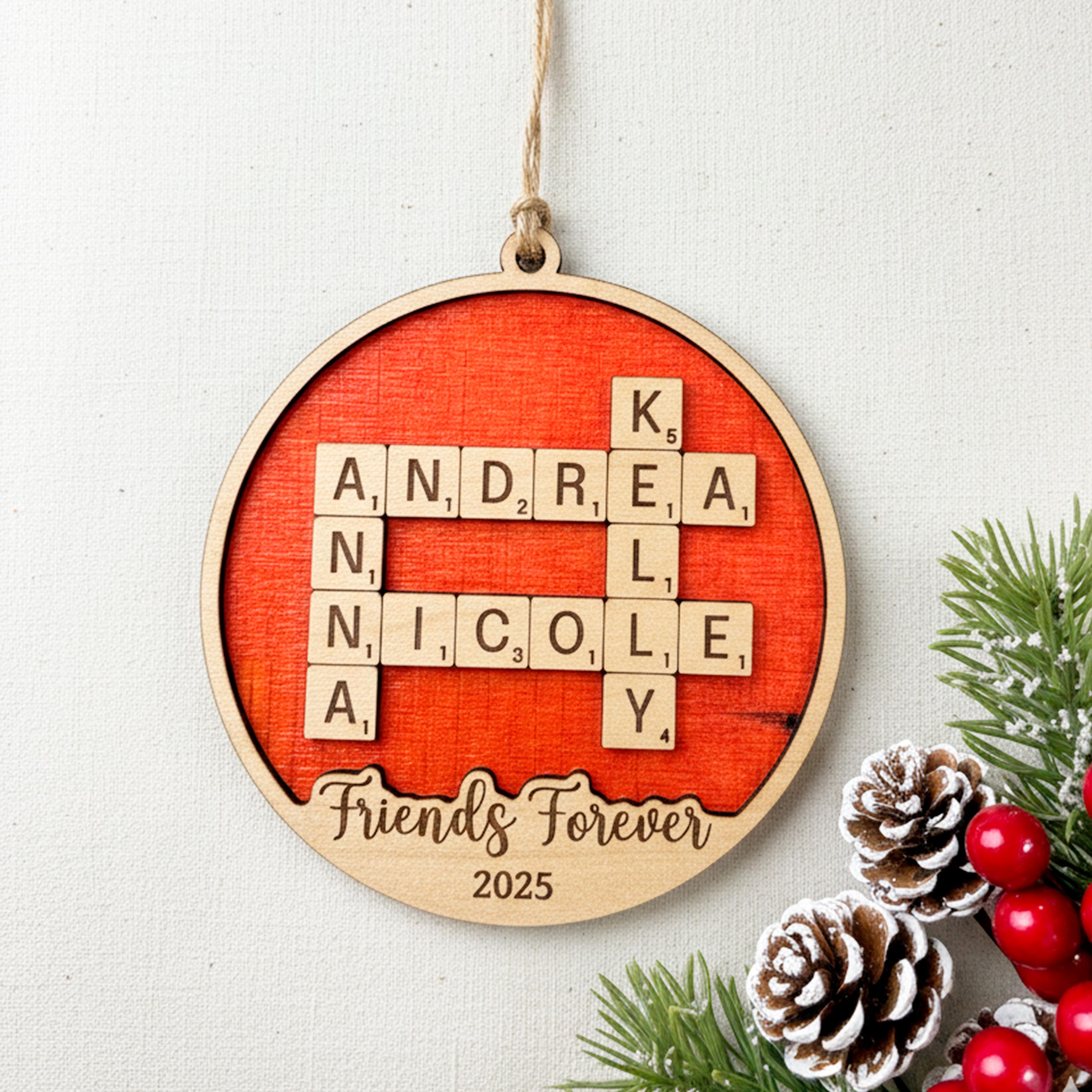 Personalized Wooden Ornament – BFF Christmas Gift, Custom Besties Gift with Natural Wood Finish