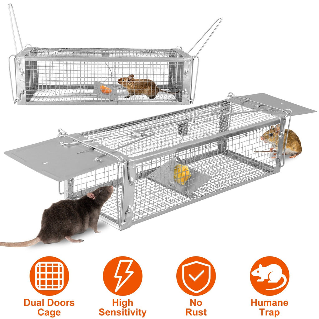 Dual Door Rat Trap Cage Humane Live Rodent Dense Mesh Trap Cage Zinc Electroplating Mice Mouse Control Bait Catch with 2 Detachable U Shaped Rod