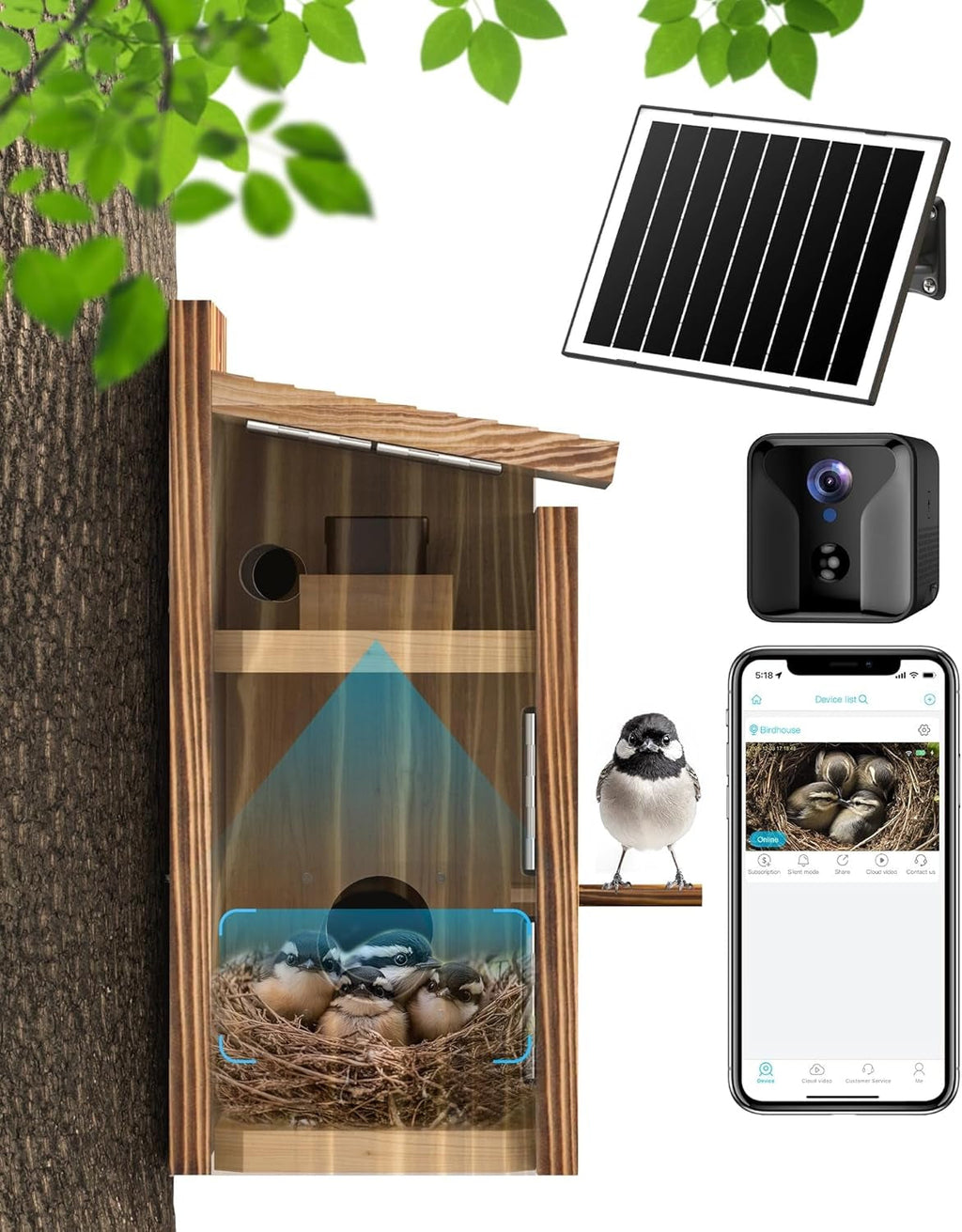 Bird House Camera Solar WiFi 2K HD Smart Birdhouse Motion Detection