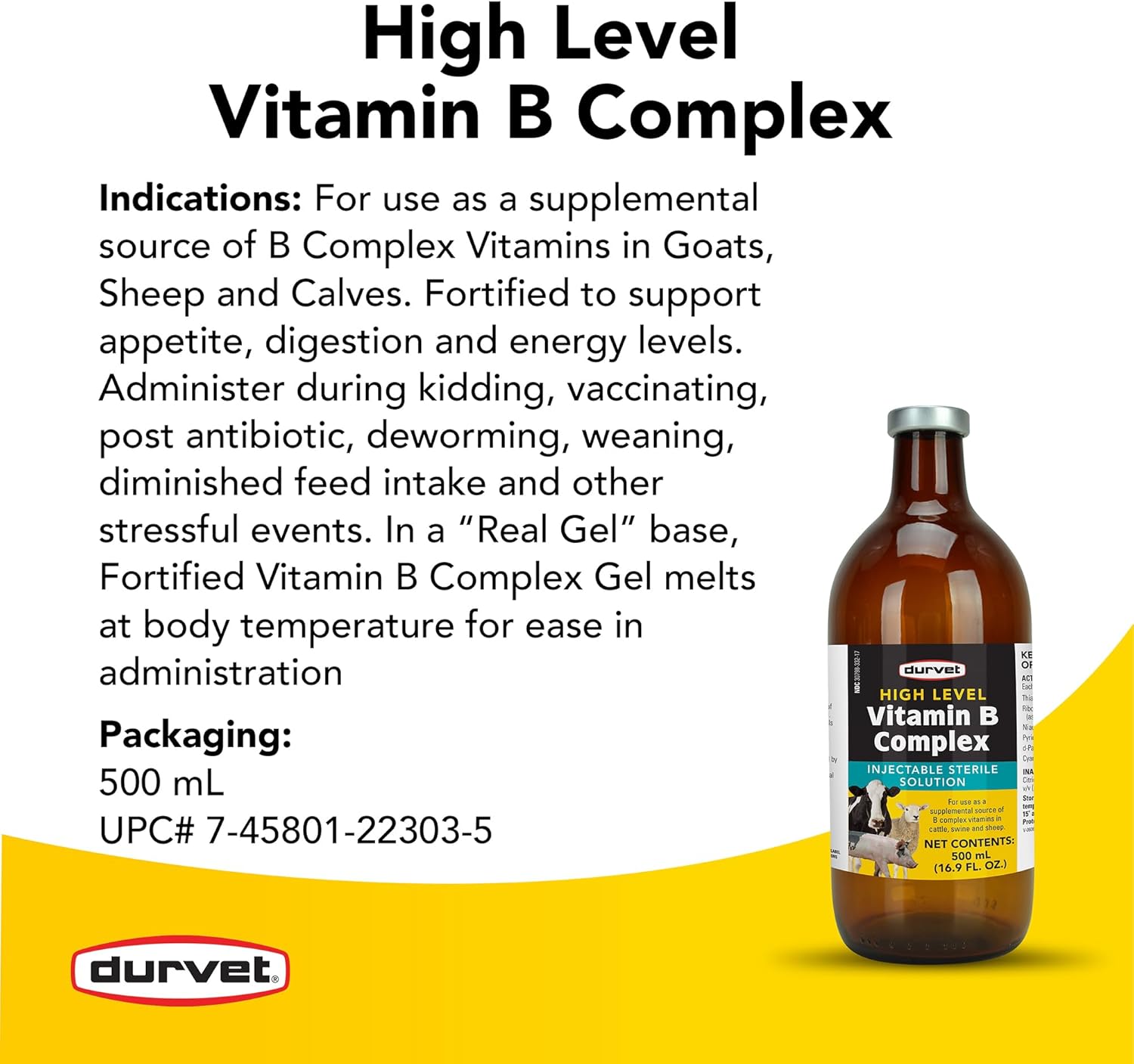 Durvet High Level Vitamin B Complex for Cattle Sheep Swine 500 mL