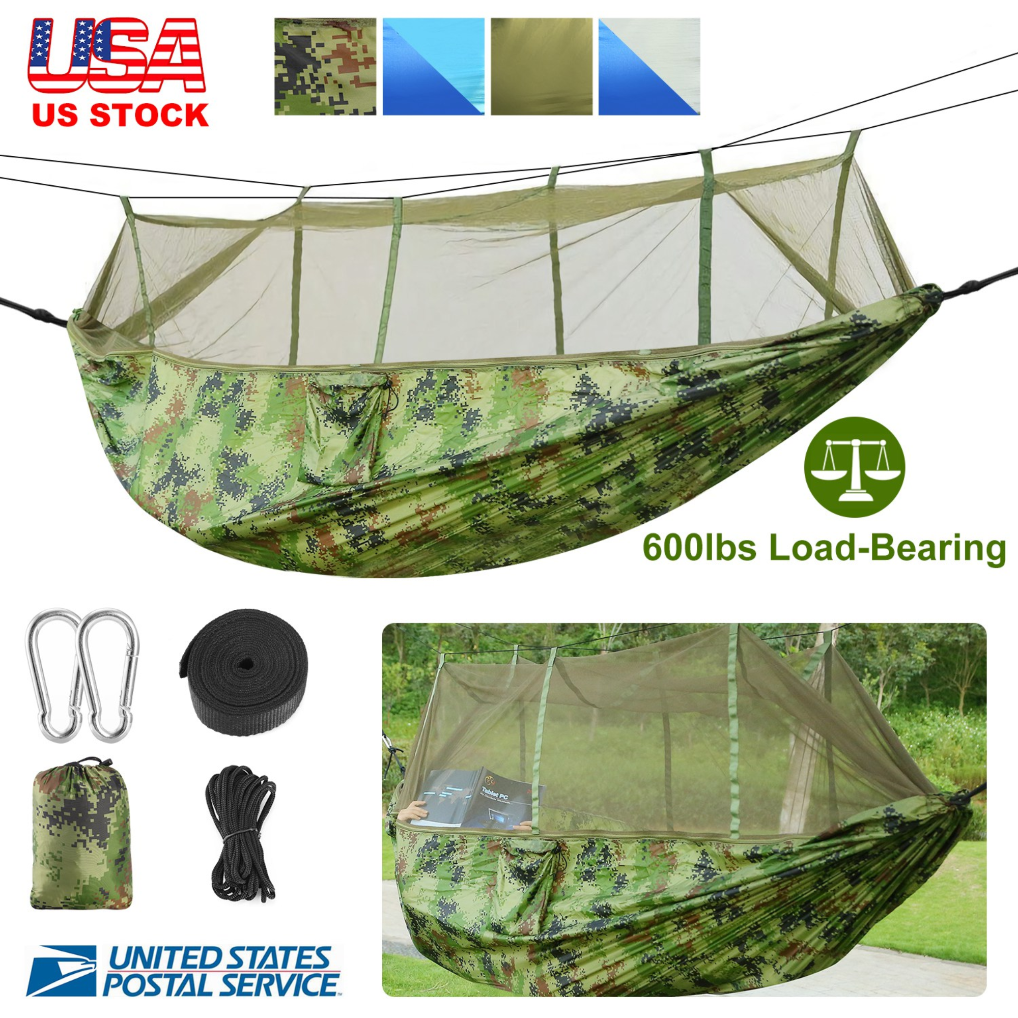 600lbs Load 2 Persons Hammock w/Mosquito Net Outdoor Hiking Camping Hommock Portable Nylon Swing Hanging Bed w/ Strap Hook Carry Bag