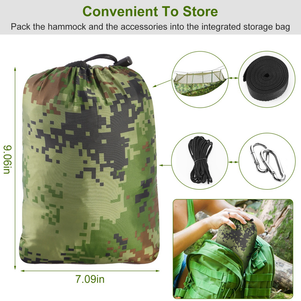600lbs Load 2 Persons Hammock w/Mosquito Net Outdoor Hiking Camping Hommock Portable Nylon Swing Hanging Bed w/ Strap Hook Carry Bag