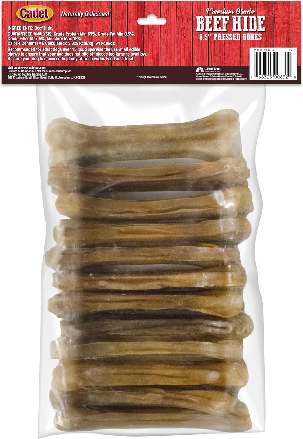 Cadet Pressed Rawhide Bones 6.5" Dog Chews Long Lasting Beef Hide 12 Pack