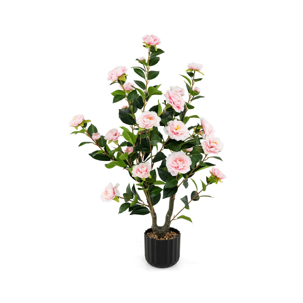 38 Inch Artificial Camellia Tree Faux Flower Plant in Cement Pot