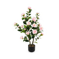 38 Inch Artificial Camellia Tree Faux Flower Plant in Cement Pot