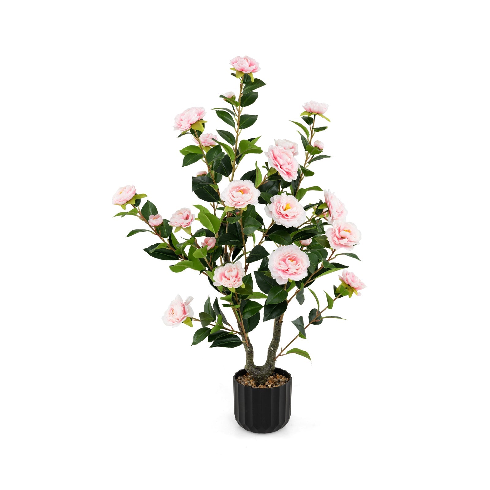 38 Inch Artificial Camellia Tree Faux Flower Plant in Cement Pot