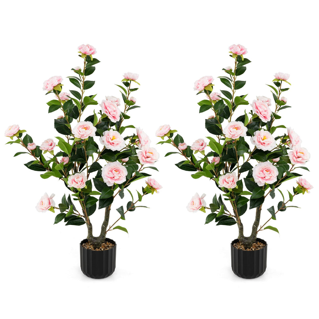 38 Inch Artificial Camellia Tree Faux Flower Plant in Cement Pot 2 Pack