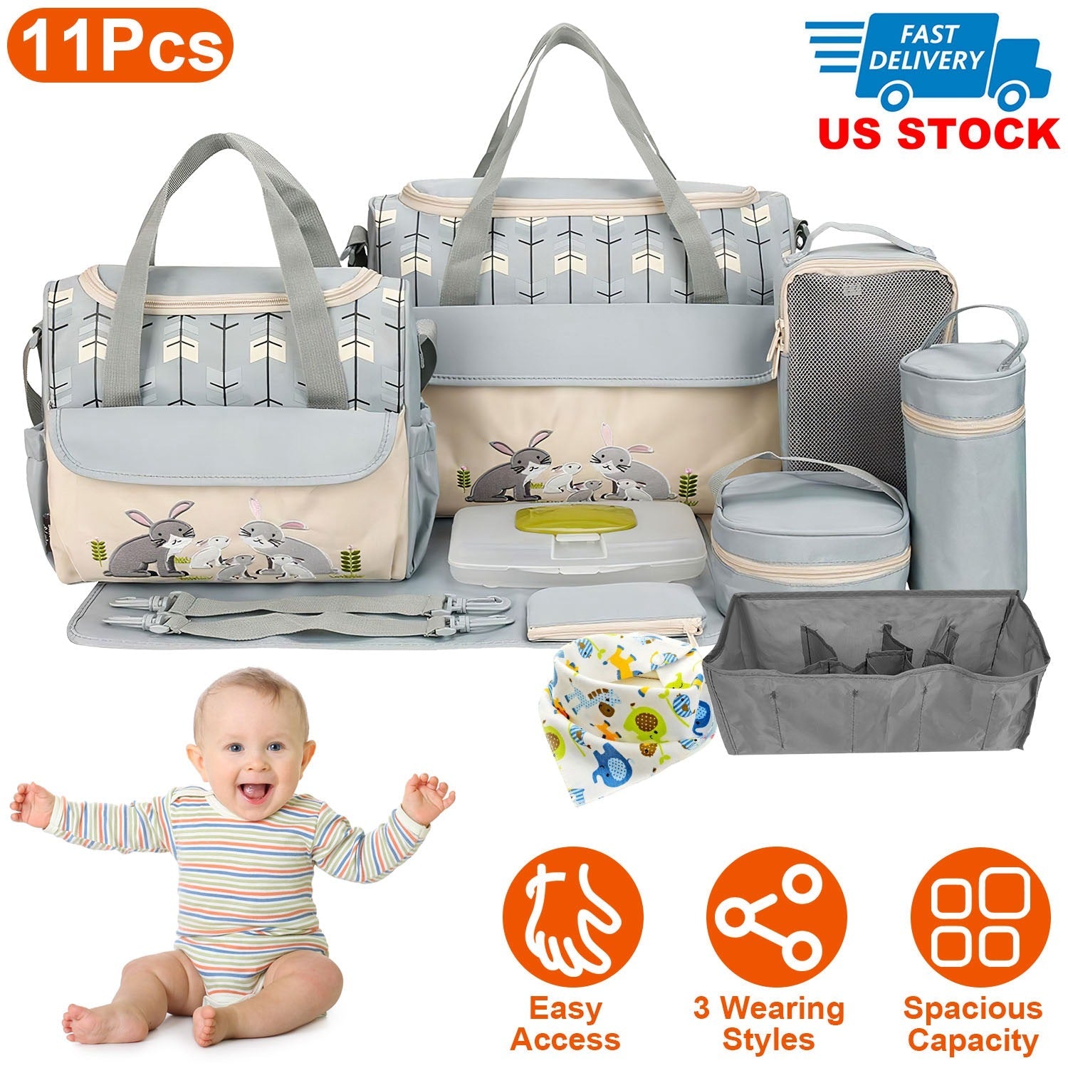 11PCS Baby Diaper Bag Set – Multifunctional with Bottle & Food Bags