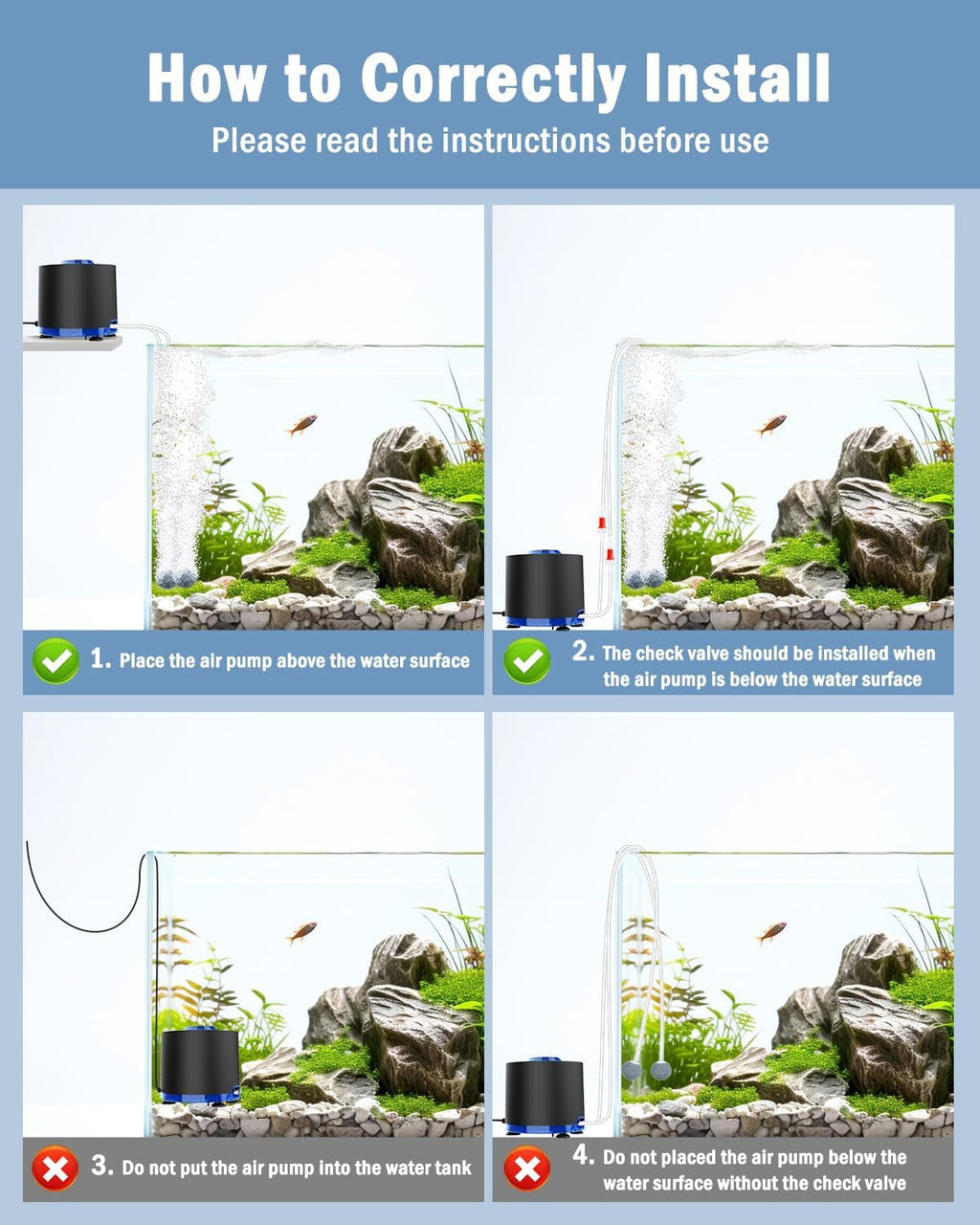 3W/6W/10W Aquarium Air Pump Quiet Dual Outlet Adjustable 80-200 Gallon Aerator
