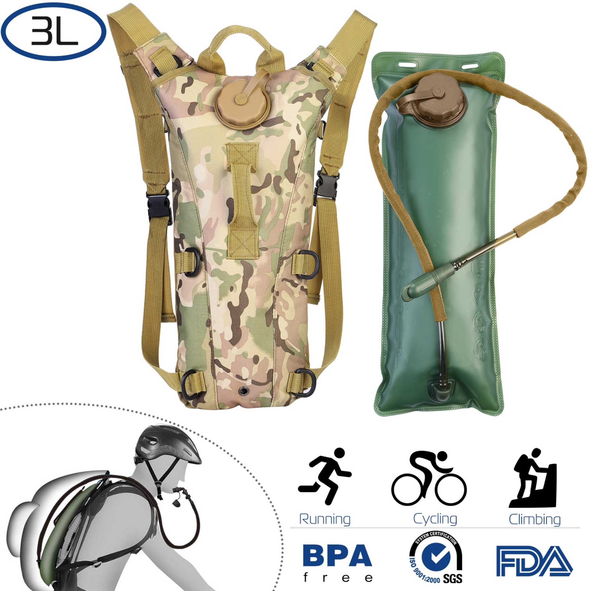 Tactical Hydration Pack 3L Water Bladder Adjustable Water Drink Backpack for Hiking Cycling Climbing Running