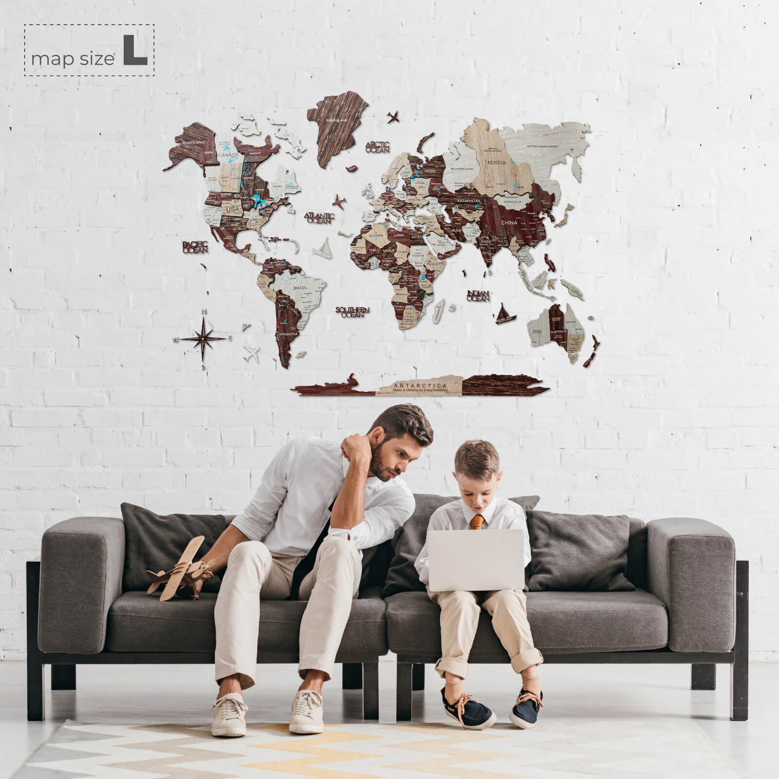 3D Wooden World Map Cappuccino (for US only)