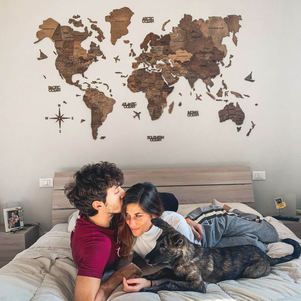 Wall Decor Bundle: 3D Wooden World Map with Flag Pins