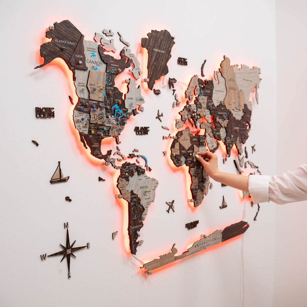 3D LED / LUMINOUS Wooden World Map 3.0 Cappuccino