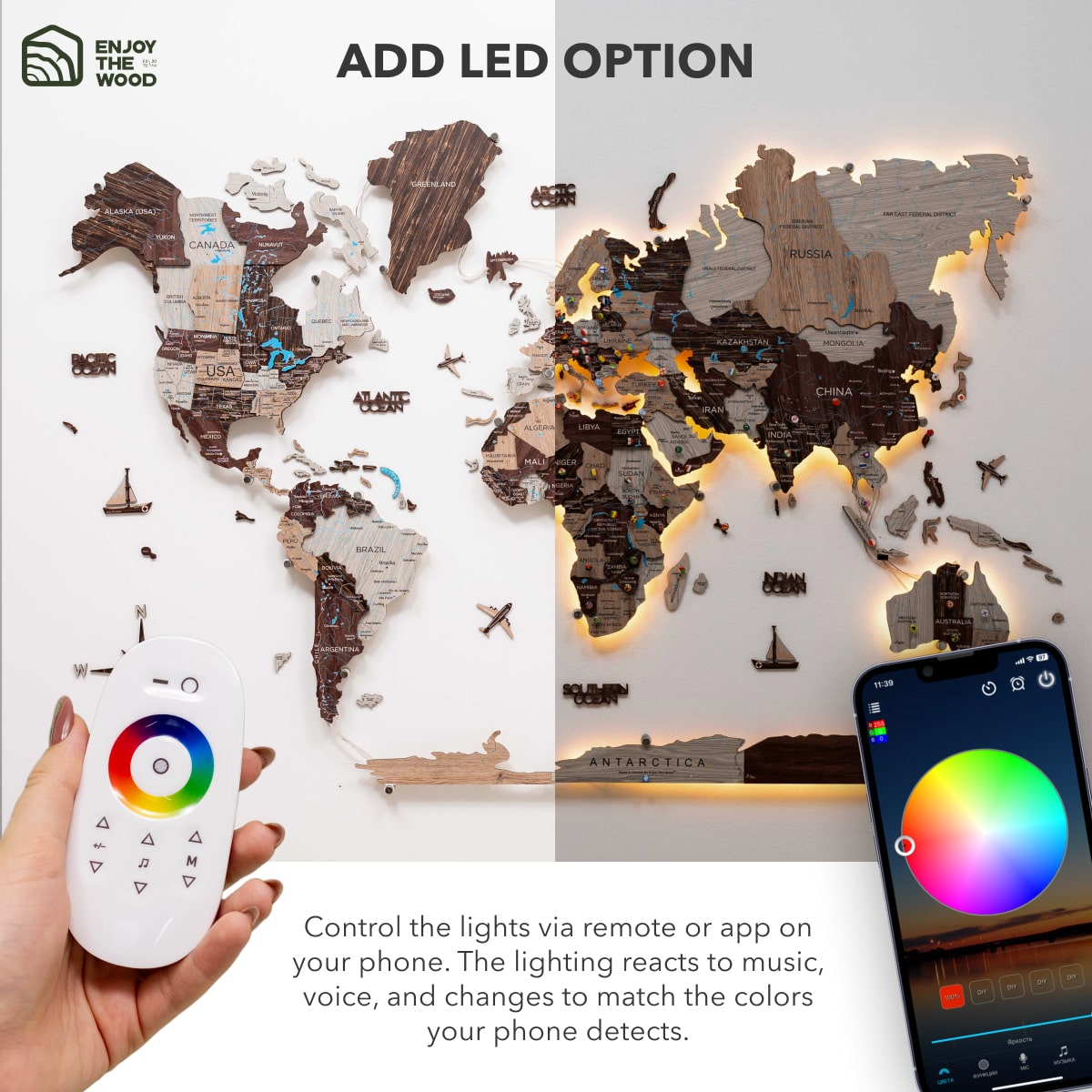 3D LED / LUMINOUS Wooden World Map 3.0 Cappuccino