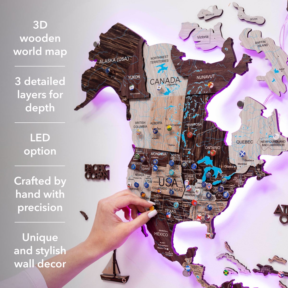 3D LED / LUMINOUS Wooden World Map 3.0 Cappuccino