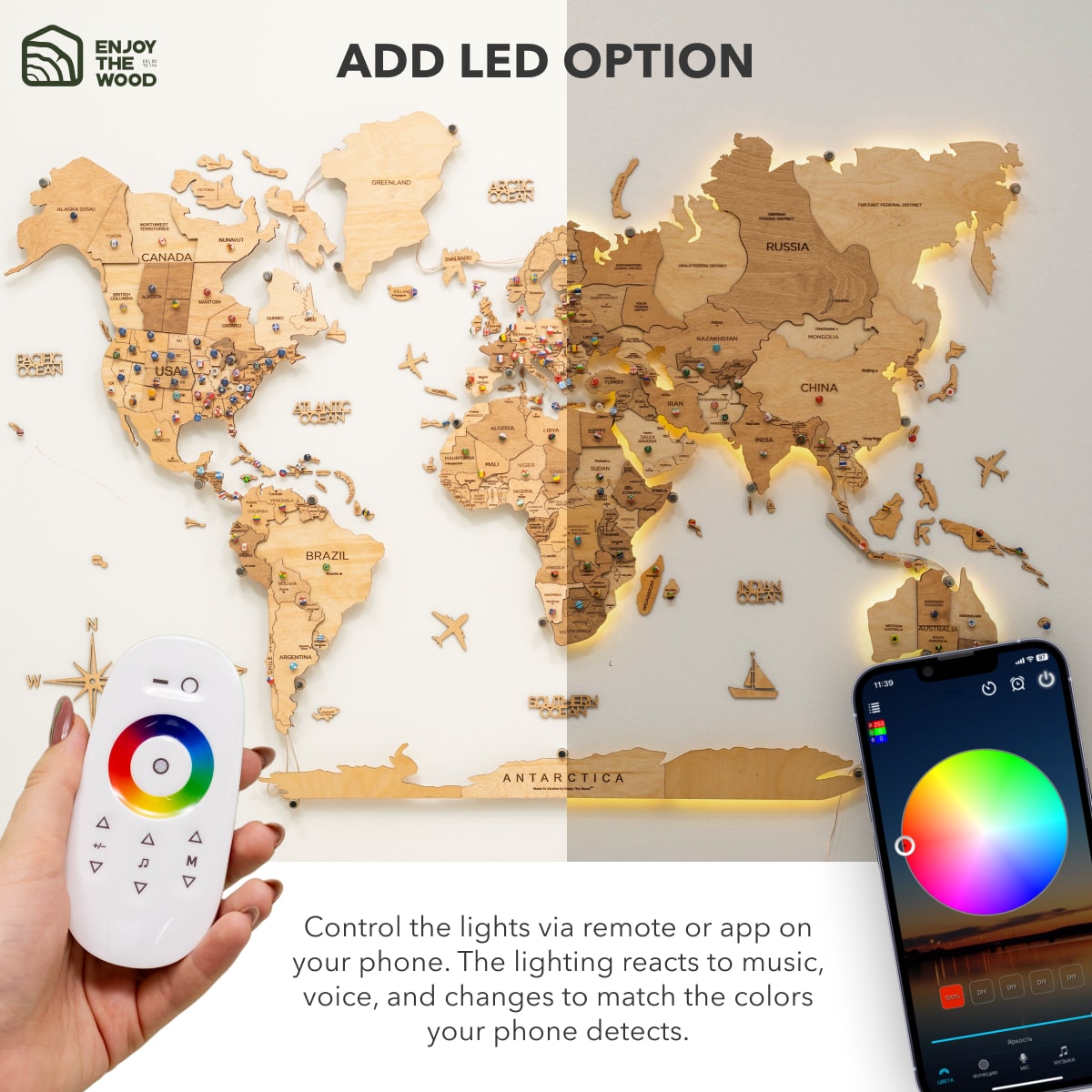 3D LED Wooden World Map 3.0 Gold