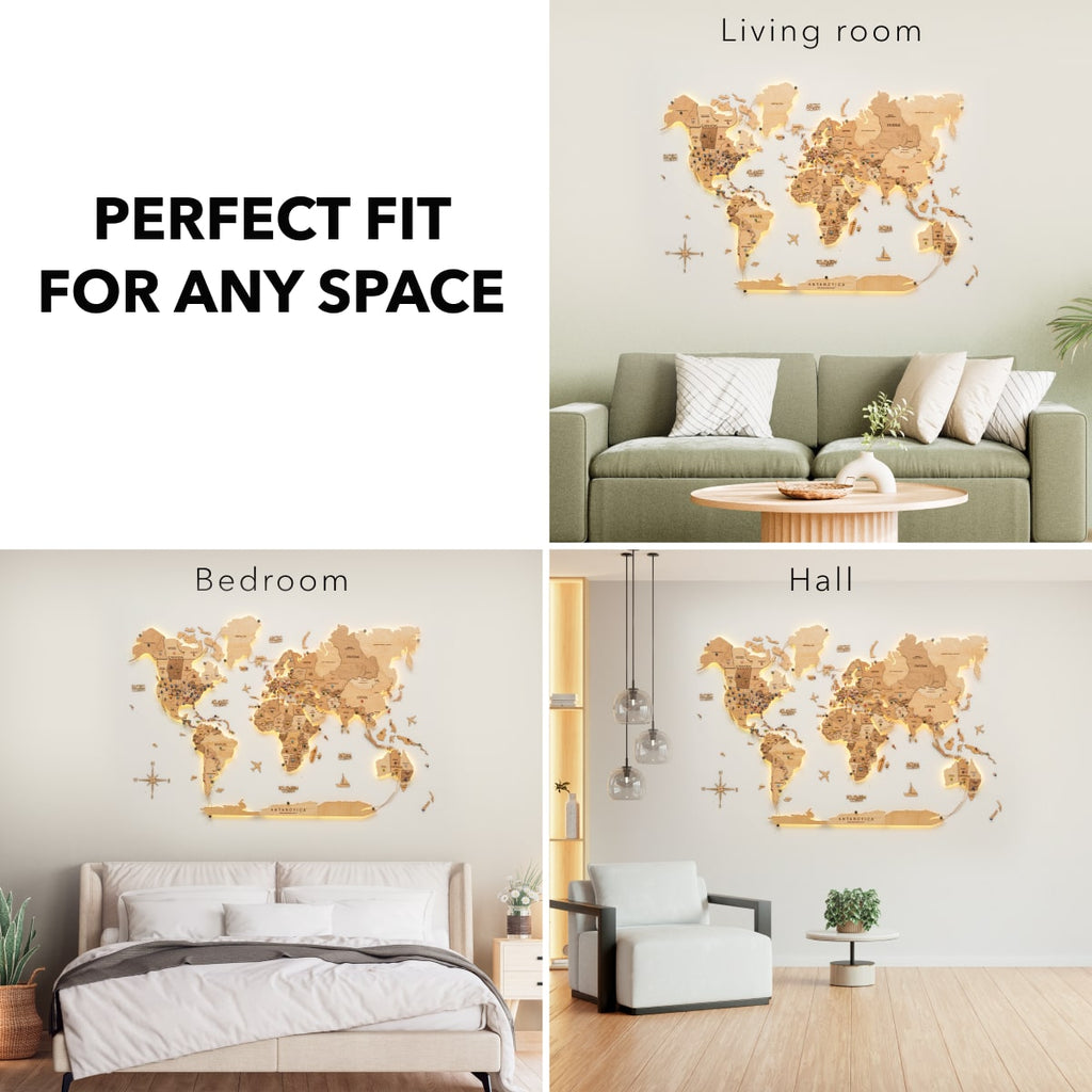 3D LED Wooden World Map 3.0 Gold