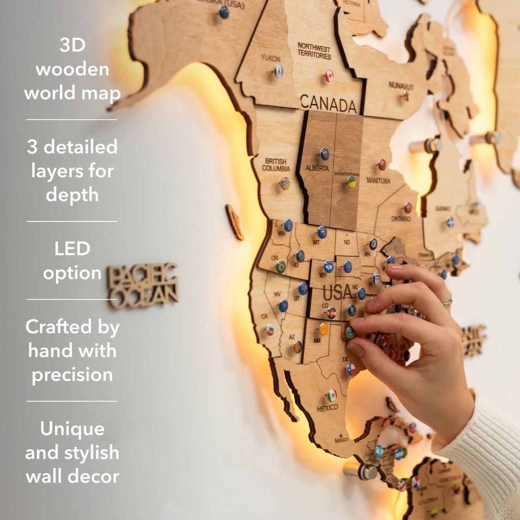 3D LED Wooden World Map 3.0 Gold
