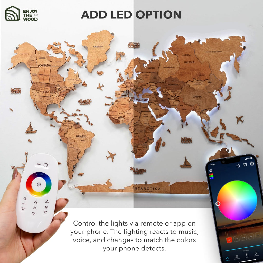 3D LED Wooden World Map 3.0 Oak