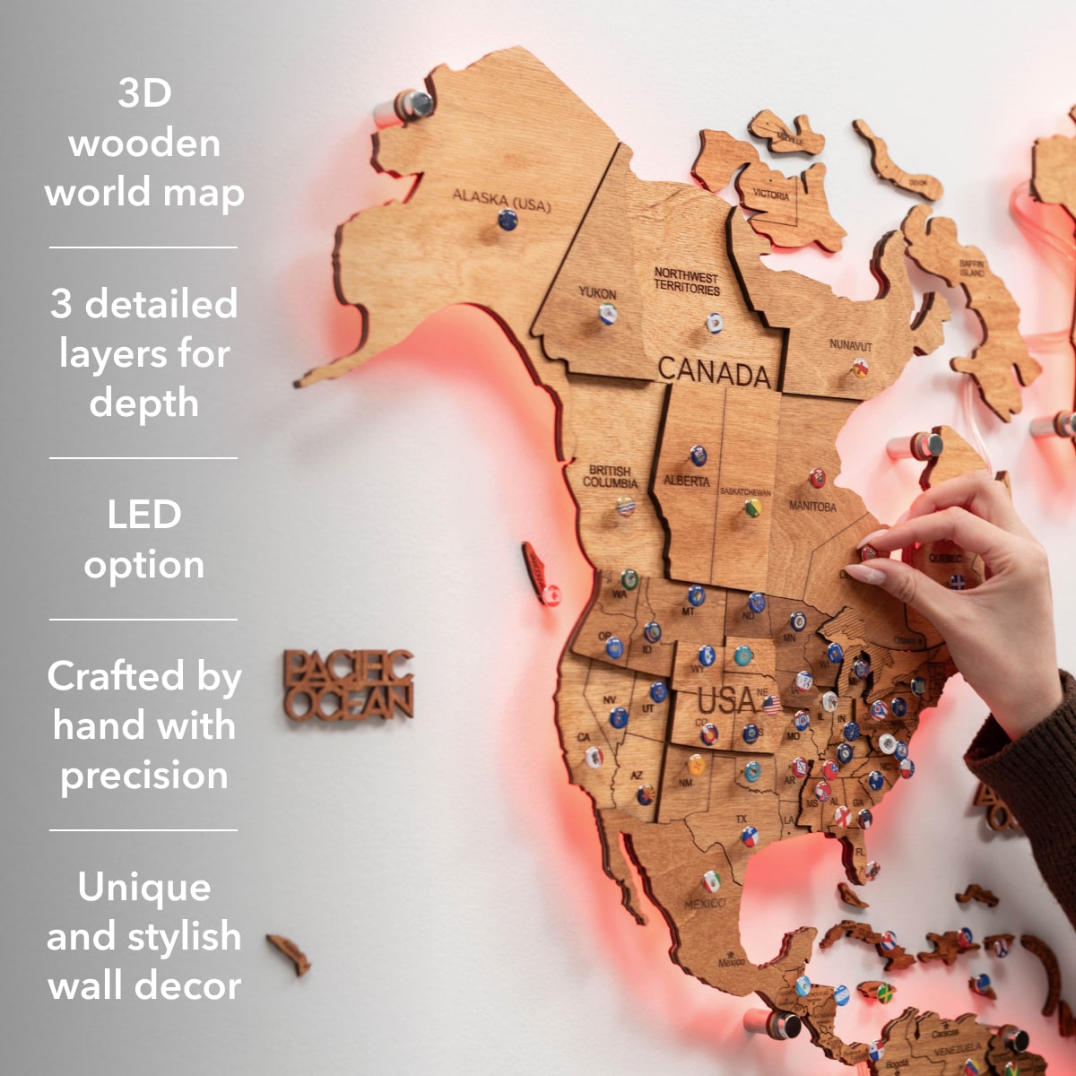 3D LED Wooden World Map 3.0 Oak